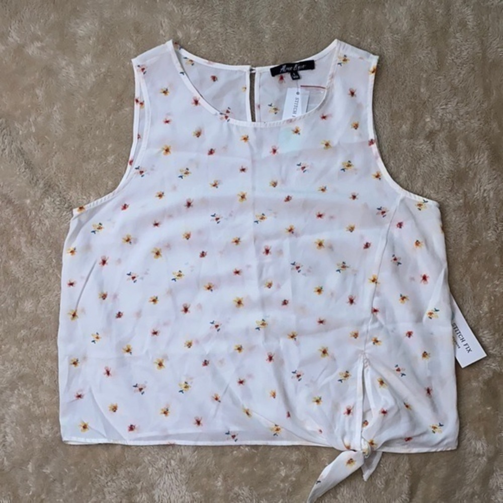 Alice Blue sleeveless blouse LARGE beige floral print with tie at bottom hem NWT